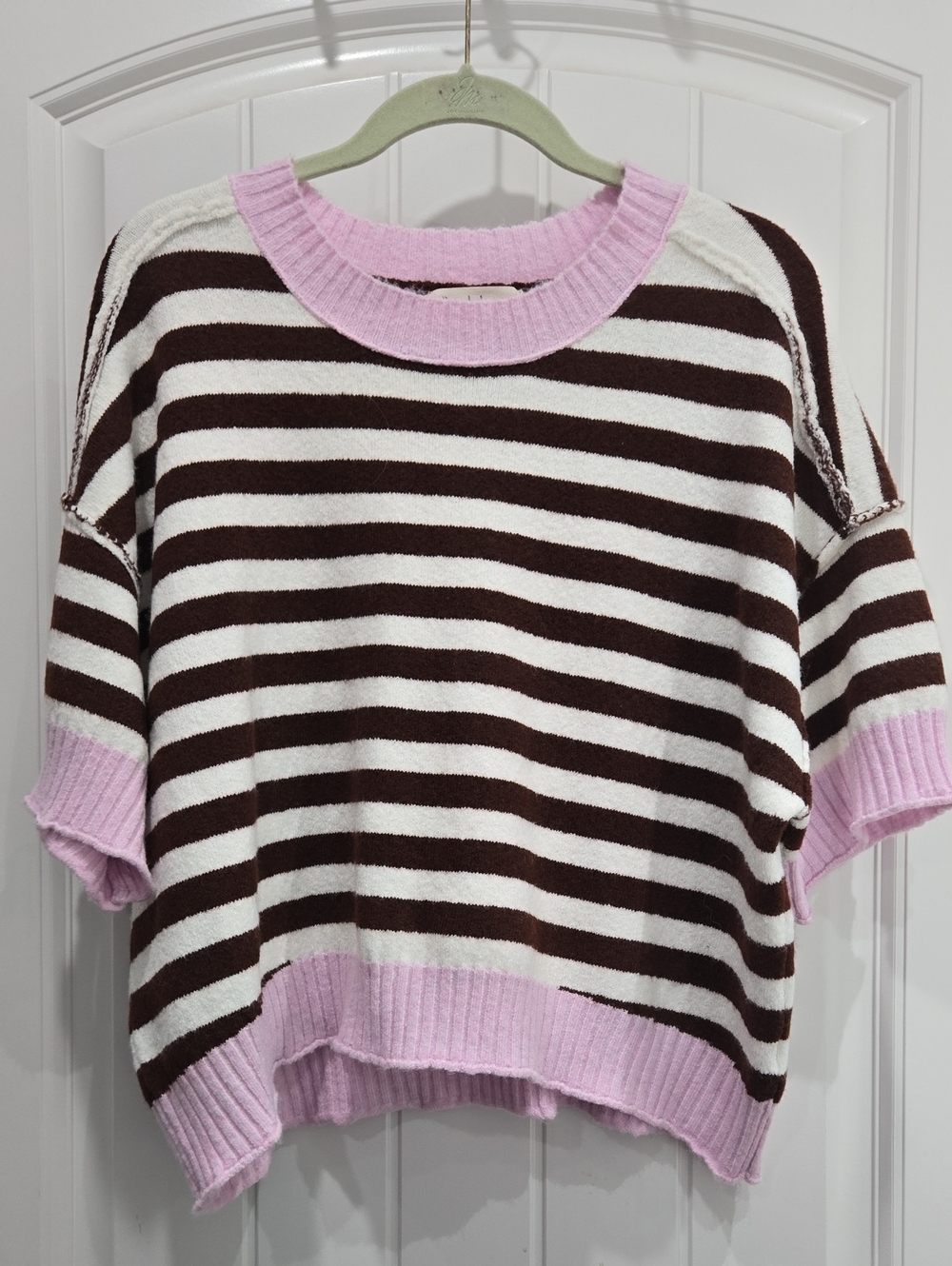 Peach Love California Brown, White & Pink Striped Crewneck Sweater